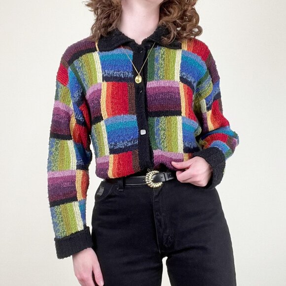 Vintage Rainbow Wool Cotton Cardigan Sweater Oversized Patchwork Eclectic Pride - Picture 2 of 8